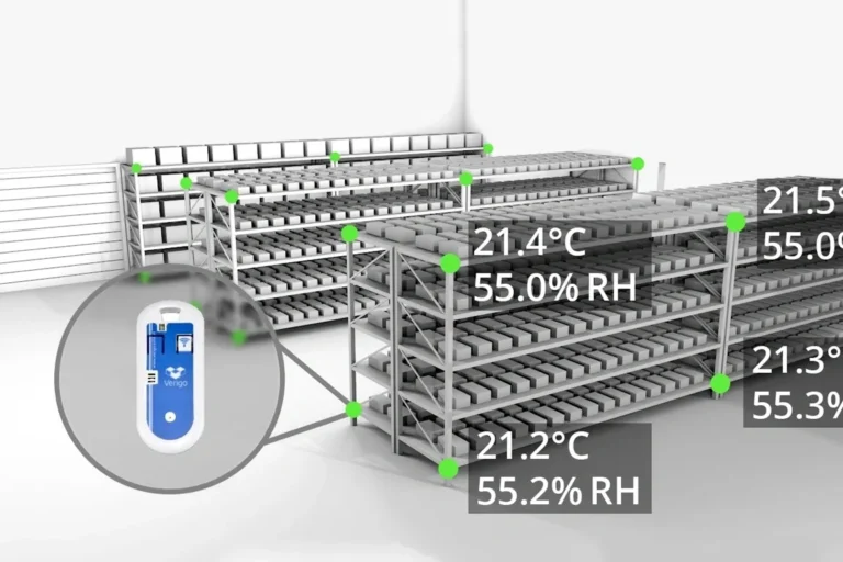 Temperature and humidity data loggers installed on storage racks displaying real-time thermal and humidity readings.